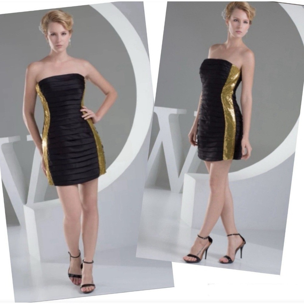 Sherri Hill Strapless Bandage Dress Black Gold Pleated Mini Dress Size 2